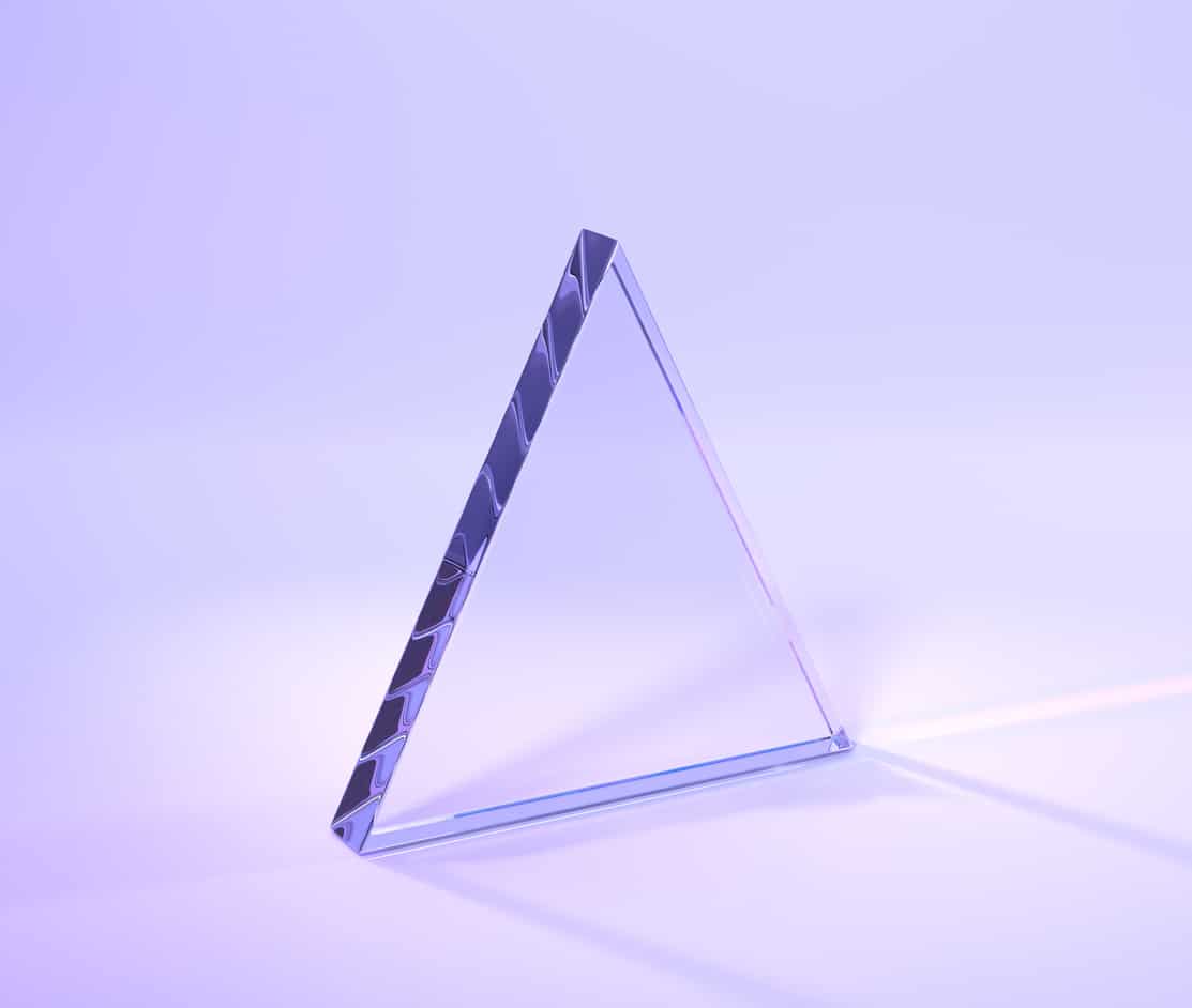 Glass triangle with rainbow effect of light refraction from prism or crystal 3d render. Clear acrylic plate, glossy panel with lens flare on purple abstract geometric background